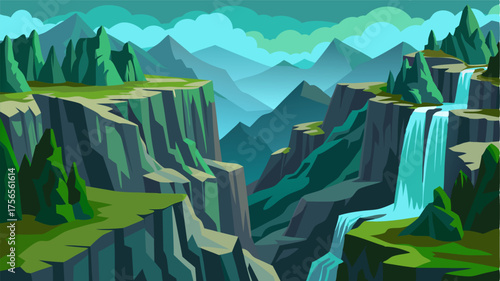 A patchwork of rocky ridges and verdant valleys with hidden waterfalls tumbling down the steep slopes.