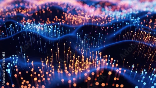 Abstract image of glowing fiber optic cables creating a dynamic and futuristic network visualization with blue and orange hues