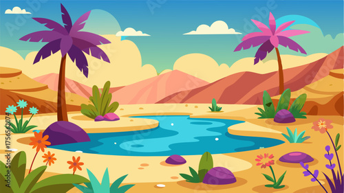 A magical oasis oasis flourishes in the midst of the barren desert with colorful wildflowers towering date palms and a tranquil watering hole perfect for cooling off in the