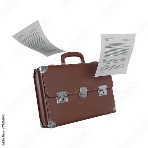Brown leather briefcase with papers flying out