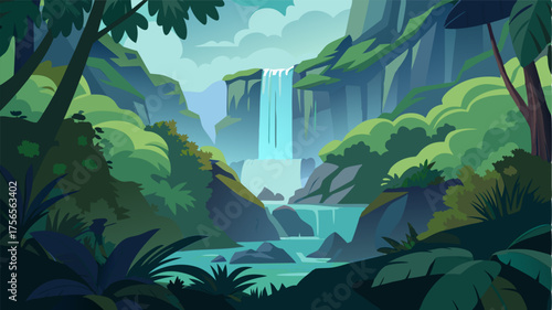 A hidden waterfall nestled deep in the tropical rainforest its mist blending with the dense foliage.
