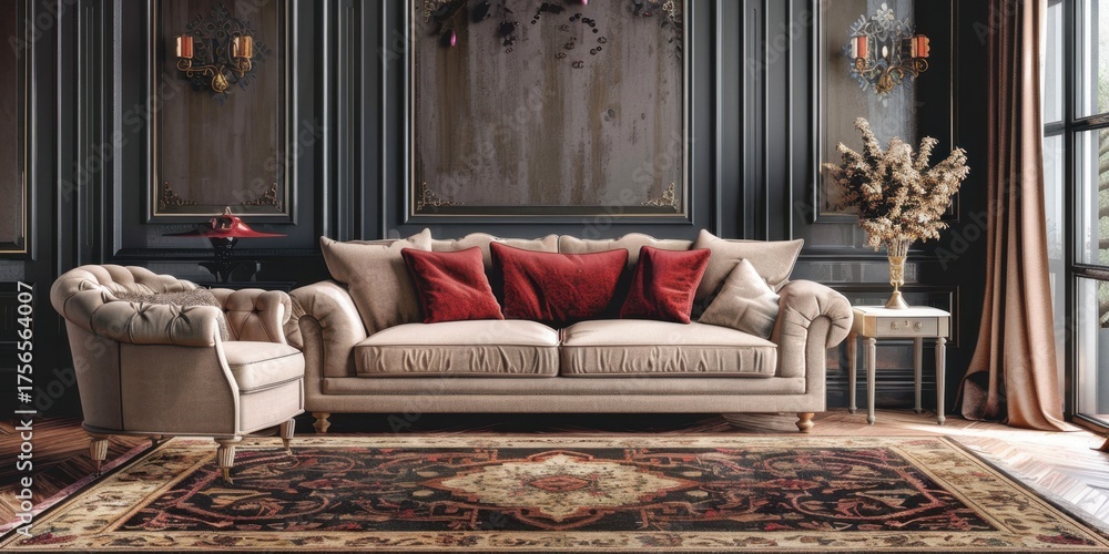 Fototapeta premium Cozy Luxury Living Room Interior Sofa Rug Warm Ambiance