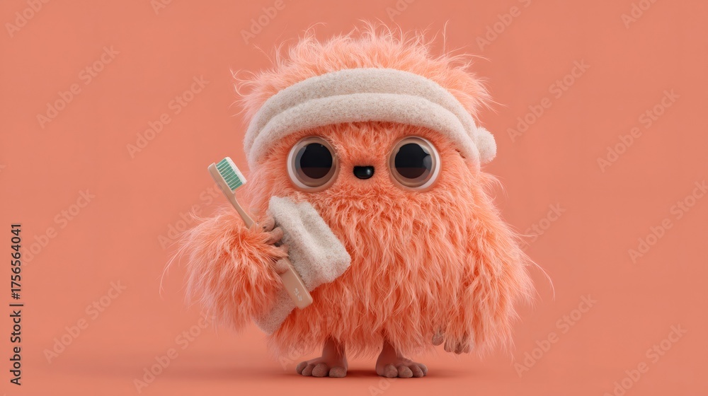 Fototapeta premium Fluffy orange monster with toothbrush. Cute cartoon character ready for bedtime. Dental hygiene concept for kids.