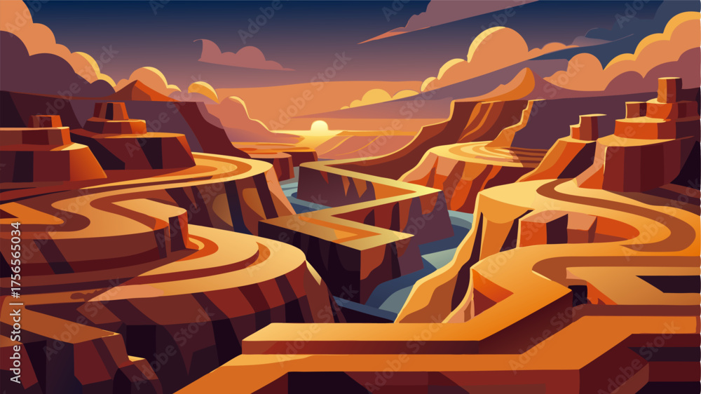 Fototapeta premium A labyrinth of winding canyons and valleys s through the desert plateau creating a mazelike landscape. The everchanging light and shadows make it feel like a shifting and