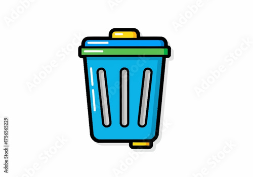 Blue Trash Can With Green Lid And Yellow Handle.