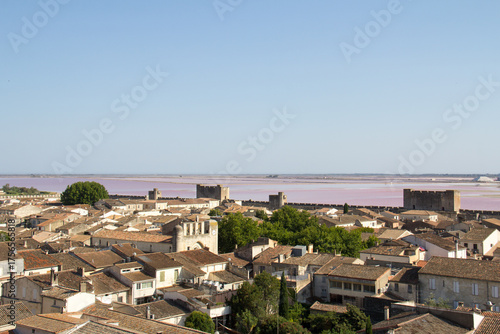 View of the ramparts, salt marshes, and medieval town of Aigues-Mortes from the Constance Tower in Aigues-Mortes  Camargue France