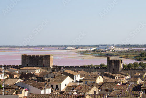 View of the ramparts, salt marshes, and medieval town of Aigues-Mortes from the Constance Tower in Aigues-Mortes  Camargue France