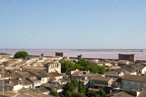 View of the ramparts, salt marshes, and medieval town of Aigues-Mortes from the Constance Tower in Aigues-Mortes  Camargue France