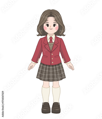 Cartoon Girl in School Uniform, Brown Hair, Red Blazer, Plaid Skirt.