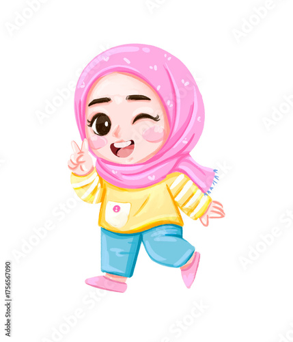 Cheerful Cartoon Girl in Pink Hijab Winking and Making Peace Sign.