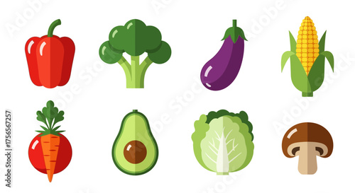 An array of eight illustrated vegetables bell pepper broccoli eggplant corn beet avocado cabbage and mushroom
