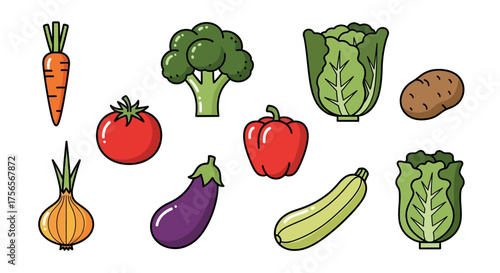 Cartoon vegetables carrot broccoli cabbage potato tomato pepper onion eggplant zucchini lettuce outlined in black