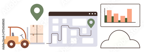 Forklift moving boxes, digital map with route and location pins, cloud-based analytics chart. Ideal for logistics, supply chain, warehousing, smart tracking, data analysis, transportation business