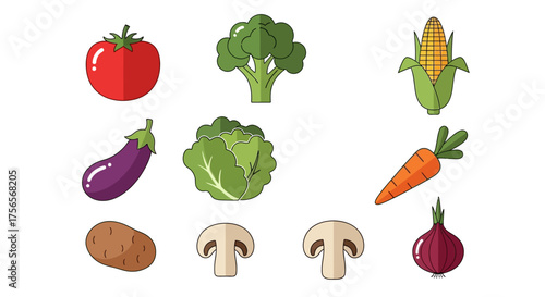 Colorful veggies tomato broccoli corn eggplant lettuce carrot potato mushrooms onion