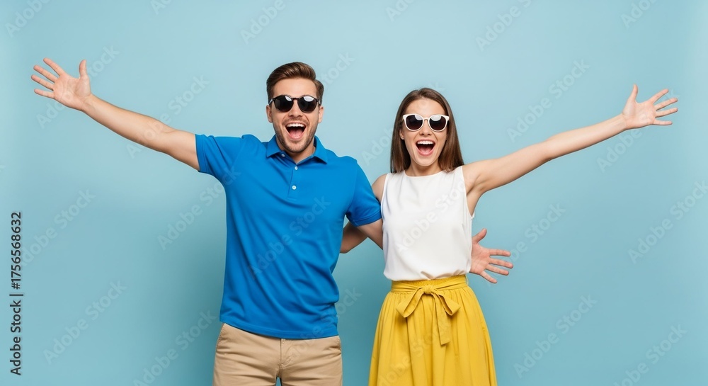 Obraz premium An enthusiastic, excited couple in sunglasses with open arms and big smiles. Concept for travel, summer deals, freedom, and welcoming advertising on a blue background.