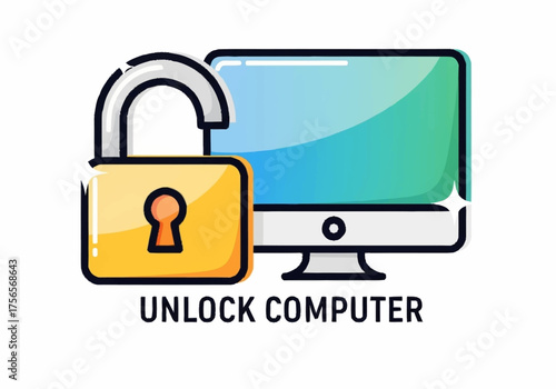 Computer Security Unlock Icon with Padlock and Monitor.