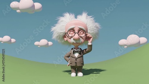 Savant cartoon 3D souriant dans décor pastel et ciel bleu