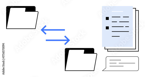 File folders exchanging data, arrows indicating transfer, document stack, and a speech bubble. Ideal for teamwork, data sharing, collaboration, organization, file management communication simple