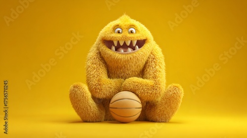 Funny fluffy monster, a cute yellow cartoon character, holding a small basketball. Adorable furry creature for kid's game and sport concept.