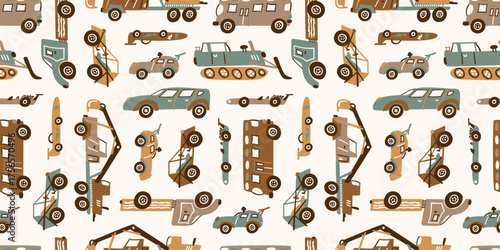 Toy Cars Seamless Vector Pattern. Kids Transportation Background in Earth Colors
