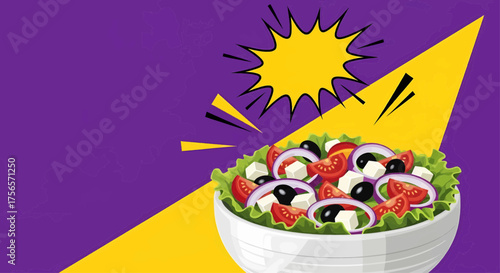 Pop art comic style salad bowl of healthy food vegetables, a vibrant vector illustration on a retro rays background