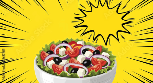 A pop art comic style salad bowl with fresh vegetables, a vibrant poster design for a healthy food marketing concept