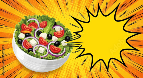 Pop art comic style poster design with a healthy food salad bowl of fresh vegetables on a retro background