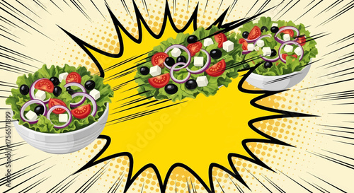 Healthy lifestyle illustration of a fresh meal salad bowl on a retro rays background, a pop art comic style poster design