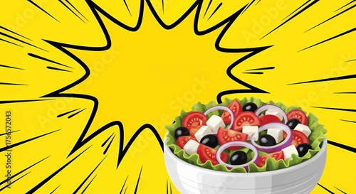 Pop art comic style salad bowl, a healthy food illustration for poster design with vibrant retro rays