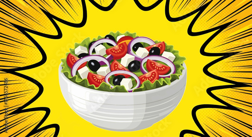 Vibrant comic style pop art salad bowl vector illustration, a healthy food poster design on a retro rays background