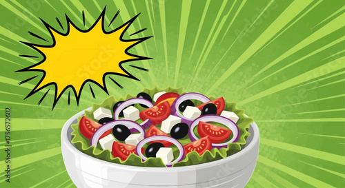A pop art comic style salad bowl with healthy food, a vector illustration with a retro rays background and poster design