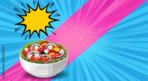 A fresh meal salad bowl on a vibrant retro rays background, a pop art comic style poster design vector illustration
