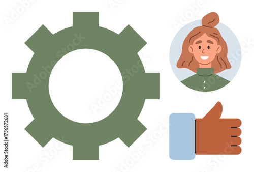 Green gear, portrait of smiling woman with bun hairstyle, brown thumbs-up icon. Ideal for teamwork, cooperation, feedback, productivity, positivity human resources digital communication. Simple