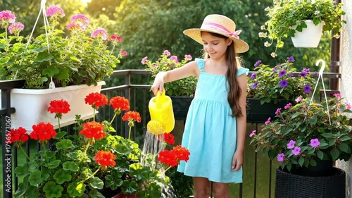 Girl in wide-brimmed hat tenderly watering flowers with watering can in cozy balcony garden surrounded by lush greenery and blooming plants in fresh atmosphere of summer morning.