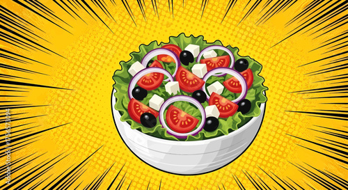 Pop art comic style salad bowl poster design. Healthy food vector illustration on a vibrant retro rays background