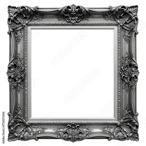 An ornate, antique silver picture frame with intricate baroque carvings, isolated on a white background.