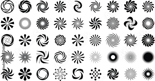 Abstract spiral shapes collection in black and white, modern geometric swirl icons set, minimal symbol design — abstract, swirl, geometric, icon, shape, pattern, modern