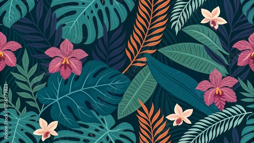 Colorful Jungle Foliage and Floral Pattern, Bold Seamless Vector Artwork