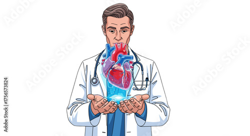 Doctor holding holographic human heart showing medical care and cardiovascular health support concept isolated on transparent background