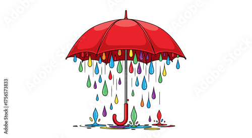 Vibrant Rainbow Rain Drops Falling From Red Umbrella Isolated On Transparent Background Cheerful Season