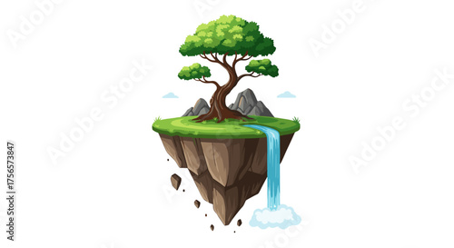 Enchanting Floating Island Oasis with Waterfall and Lush Tree isolated on transparent background