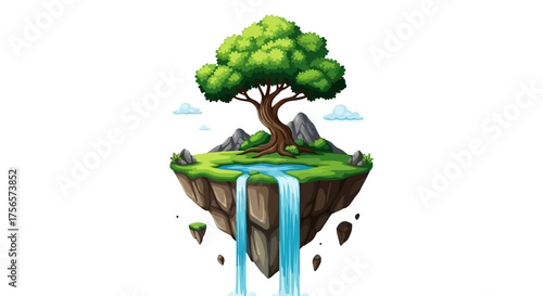 Enchanting Floating Island Oasis With Lush Tree and Waterfall Isolated on Transparent Background