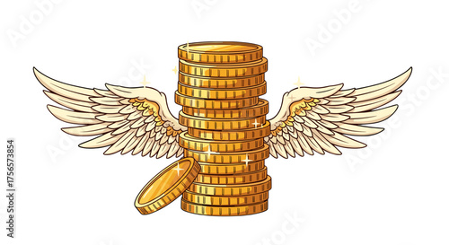 Golden Coins Stack With Angel Wings Symbolizing Wealth Abundance And Prosperity Isolated On Transparent Background