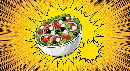 Pop art comic style salad bowl, a vintage vector illustration of healthy food on a vibrant retro rays background