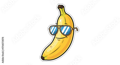 Cool cartoon banana wearing sunglasses with a smile isolated on transparent background for summer fun and healthy eating