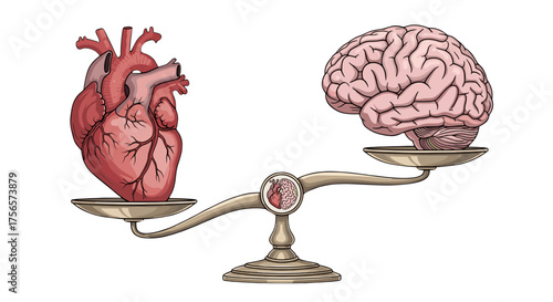 Balancing Logic and Emotion in Decision Making Represented by Brain and Heart on Scales Isolated on Transparent Background