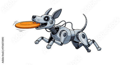 Robotic Dog Playing Fetch with Frisbee Isolated on Transparent Background Futuristic Pet Technology Concept