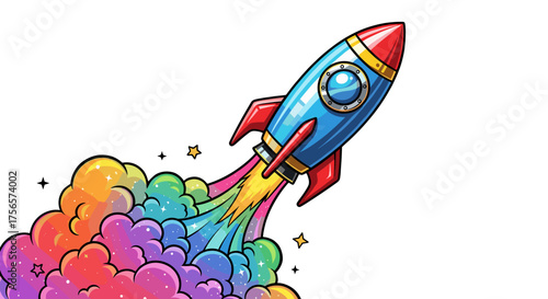 Vibrant Retro Rocket Launching Skyward With Colorful Smoke Plumes Isolated on Transparent Background Vector Illustration