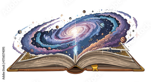 Open Book Unleashing Cosmic Galaxy Universe Nebula Fantasy Art Isolated on Transparent Background for Creative Storytelling