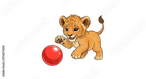 Adorable Lion Cub Playing With Red Ball Isolated on Transparent Background Symbolizing Joy and Childhood